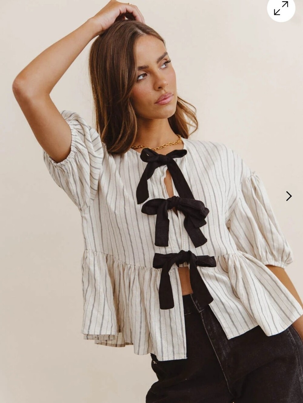 NWT bohme Hyland Peplum Babydoll Tie Top In Oatmeal with Black Bows. Small